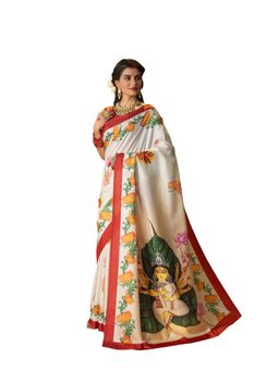 Suha - Women Off White Silk Blend Printed Saree with Unstitched Blouse Piece