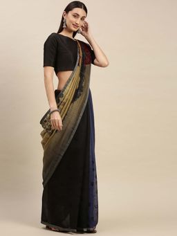 Suha - Women Navy Blue Linen Blend Printed Saree with Unstitched Blouse Piece
