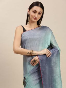 Suha - Women Blue Linen Blend Printed Saree with Unstitched Blouse Piece