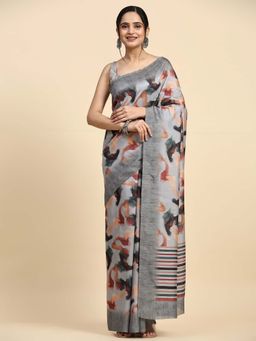 Suha - Women Grey Polycotton Printed Saree with Unstitched Blouse Piece