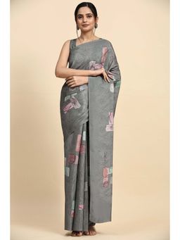 Suha - Women Charcoal Satin Printed Saree with Unstitched Blouse Piece