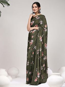 Suha - Women Green Satin Printed Saree with Unstitched Blouse Piece