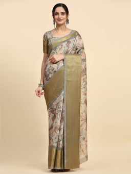 Suha - Women Green Linen Blend Printed Saree with Unstitched Blouse Piece