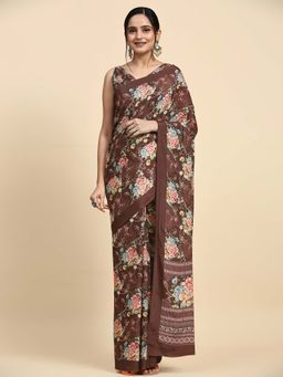 Suha - Women Brown Satin Printed Saree with Unstitched Blouse Piece