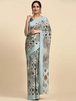 Suha - Women Grey Satin Printed Saree with Unstitched Blouse Piece