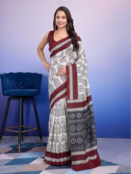 Suha - Women Maroon Cotton Silk Printed Saree with Unstitched Blouse Piece