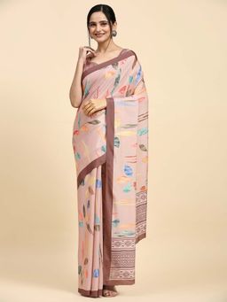 Suha - Women Peach Satin Printed Saree with Unstitched Blouse Piece