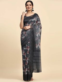 Suha - Women Grey Chiffon Printed Saree with Unstitched Blouse Piece