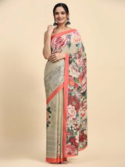 Suha - Women Beige Satin Printed Saree with Unstitched Blouse Piece
