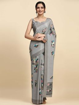 Suha - Women Grey Satin Printed Saree with Unstitched Blouse Piece
