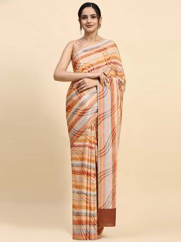 Suha - Women Orange Satin Printed Saree with Unstitched Blouse Piece