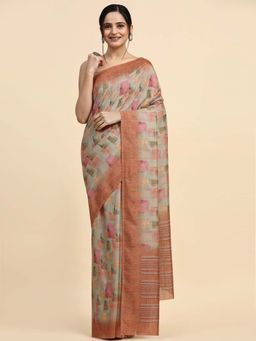 Suha - Women Beige Satin Printed Saree with Unstitched Blouse Piece