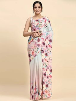 Suha - Women Green Satin Printed Saree with Unstitched Blouse Piece
