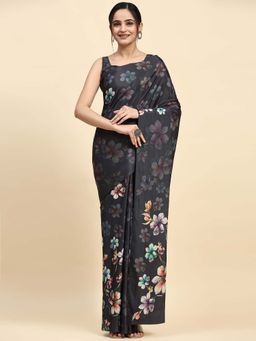 Suha - Women Grey Satin Printed Saree with Unstitched Blouse Piece