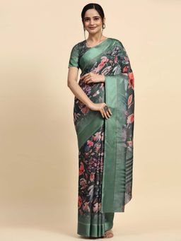 Suha - Women Green Silk Blend Printed Saree with Unstitched Blouse Piece