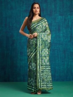 Suha - Women Green Cotton Blend Printed Saree with Unstitched Blouse Piece