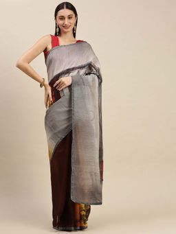 Suha - Women Grey Linen Blend Printed Saree with Unstitched Blouse Piece