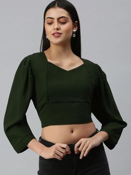 SHOWOFFFF - Women Sweetheart Puff Sleeves Solid Olive Crop Top