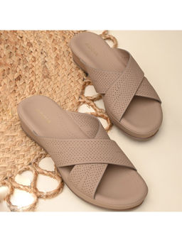 ROCIA - By Regal Beige Women Comfort Laser Cut Cross Strap Sandals