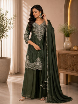 BC Balaji Creation - Women's Olive Green Embroidered Chinnon Kurta with Palazzo and Dupatta