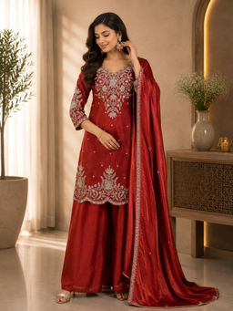 BC Balaji Creation - Women's Maroon Embroidered Chinnon Kurta with Palazzo and Dupatta