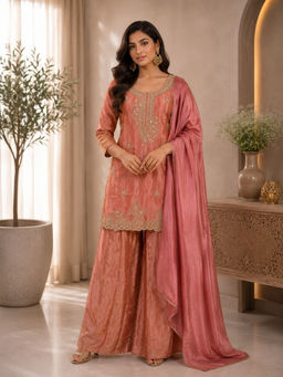 BC Balaji Creation - Women's Dusty Pink Mirror work Shimmer Kurta with Palazzo and Dupatta