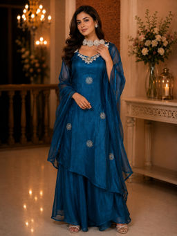 BC Balaji Creation - Women's Rama Blue Embroidered Fendy Satin Kurta with Palazzo and Dupatta