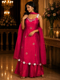 BC Balaji Creation - Women's Hot Pink Embroidered Fendy Satin Kurta with Palazzo and Dupatta