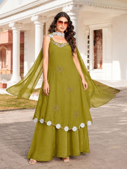 BC Balaji Creation - Women's Olive Green Embroidered Fendy Satin Kurta with Palazzo and Dupatta