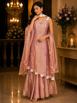 BC Balaji Creation - Women's Peach Embroidered Fendy Satin Kurta with Palazzo and Dupatta