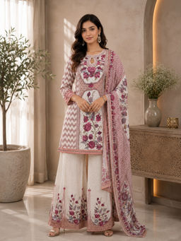 BC Balaji Creation - Women's Off White Floral Printed Crepe Kurta with Palazzo and Dupatta