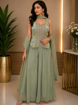 BC Balaji Creation - Women's Pista Green Embroidered Chinon Top with Palazzo and Dupatta