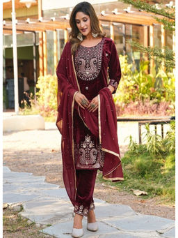 Mirraw - Maroon Velvet Embroidered Kurta and Pant with Dupatta