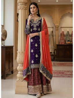 Mirraw - Royal Purple Georgette Embellished Kurta and Sharara with Dupatta