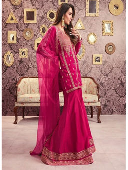 Mirraw - Rani Pink Chanderi Silk Embroidered Kurta with Palazzo and Dupatta