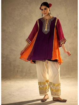 Mirraw - Purple Chanderi Embroidered Kurta with Palazzo