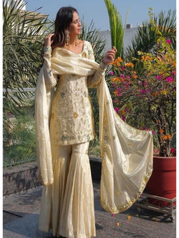 Mirraw - White Silk Blend Embroidered Kurta and Sharara with Dupatta