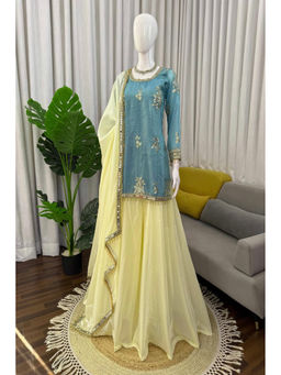 Mirraw - Sky Blue Silk Blend Embroidered Kurta with Palazzo and Dupatta