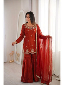 Mirraw - Dark Orange Silk Blend Embroidered Kurta and Sharara with Dupatta