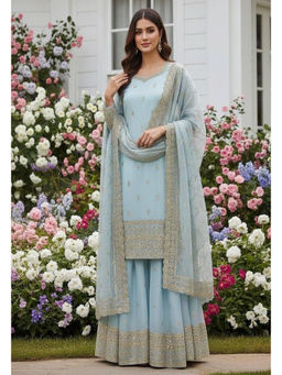 Mirraw - Powder Blue Silk Blend Embroidered Kurta with Palazzo and Dupatta