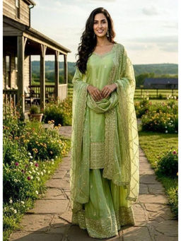 Mirraw - Pastel Green Silk Blend Embroidered Kurta with Palazzo and Dupatta