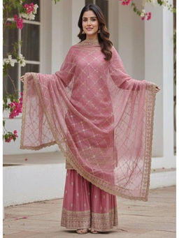 Mirraw - Baby Pink Silk Blend Embroidered Kurta with Palazzo and Dupatta