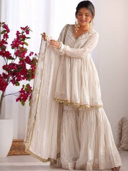 Mirraw - Off White Chanderi Gold-Striped Kurta with Sharara and Dupatta