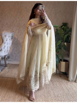 Mirraw - Cream Silk Blend Embroidered Kurta and Pant with Dupatta