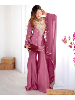 Mirraw - Mauve Silk Short Kurti with Sharara and Dupatta