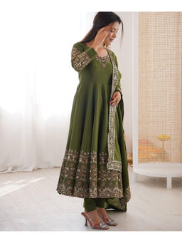 Mirraw - Olive Green Silk Embroidered Anarkali Kurta with Pant and Dupatta