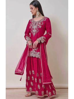 Mirraw - Luxurious Magenta Silk Kurta with Palazzo and Dupatta