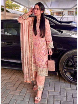 Mirraw - Soft Peach Floral Print Kurta with salwar and Dupatta