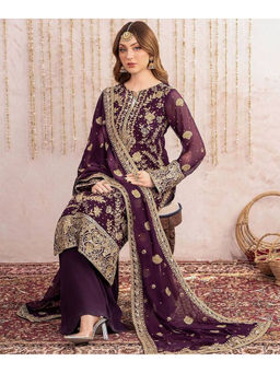 Mirraw - Plum Purple Heavy Embroidered Pakistani Kurta with Palazzo and Dupatta