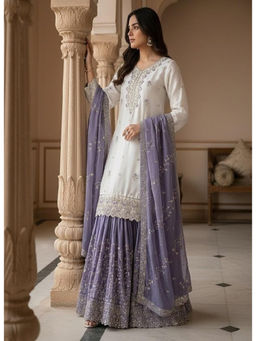 Mirraw - Lavender Silk Blend Embellished Kurta and Sharara with Dupatta